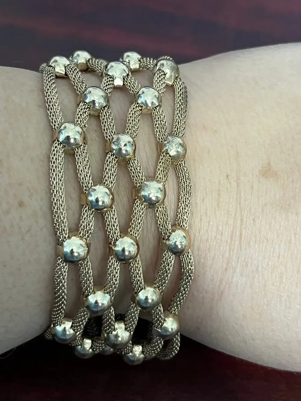 VTG Gold Tone Multi Strand Mesh Chain Beaded Wide Statement Bracelet Boho